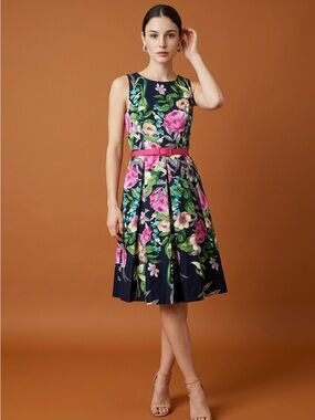 Eliza J Floral Fit-and-Flare Dress in Navy with Pink Accents